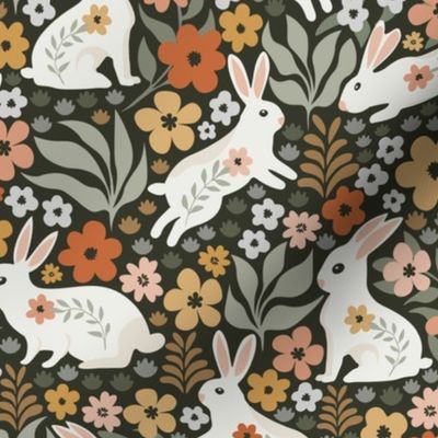 White Bunny Floral Garden Whimsical - Rabbit Print - Small Scale