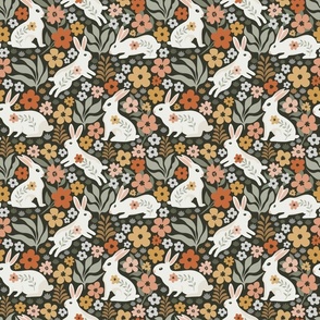 White Bunny Floral Garden Whimsical - Rabbit Print - Small Scale