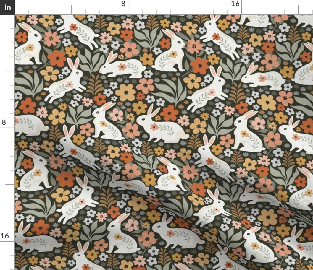 White Bunny Floral Garden Whimsical - Rabbit Print - Small Scale