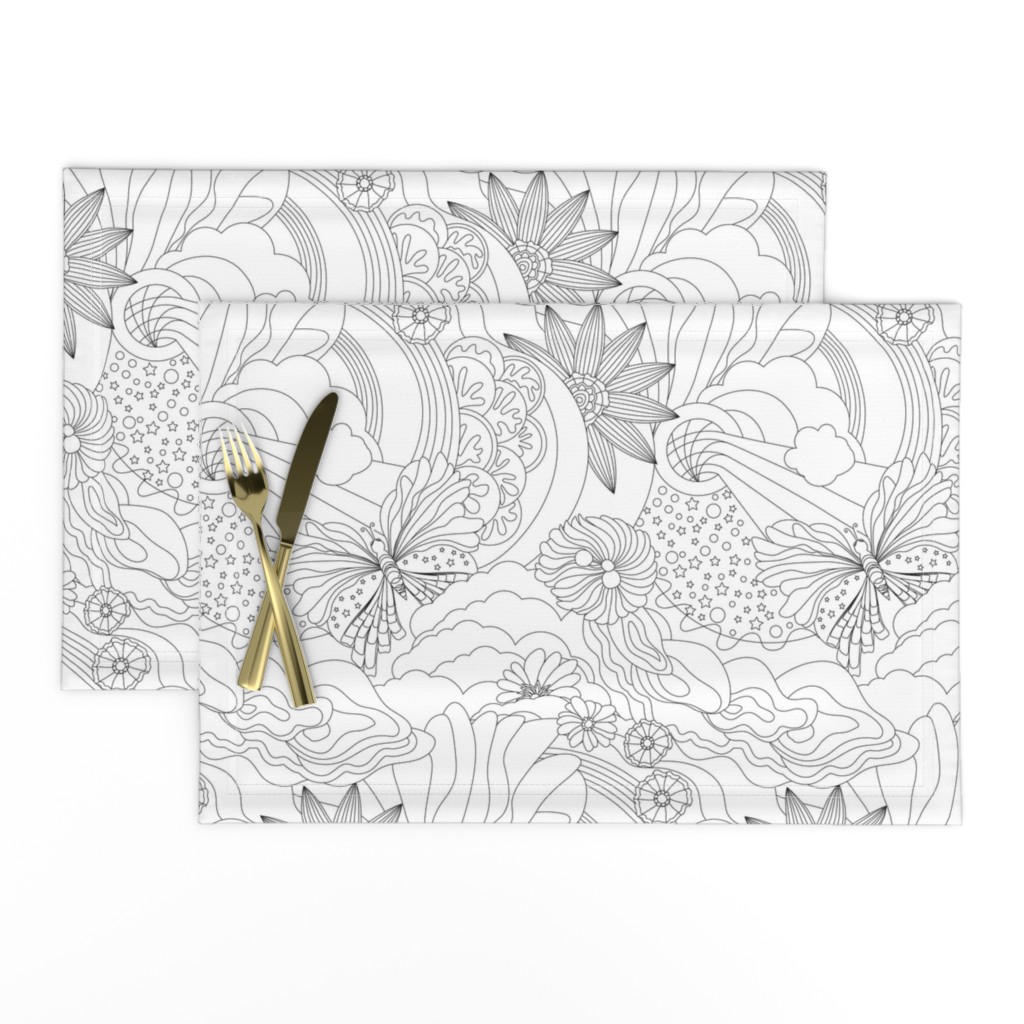Maximalist black and white line art of retro florals and butterflies for wall paper- mid size .