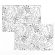 Maximalist black and white line art of retro florals and butterflies for wall paper- mid size .