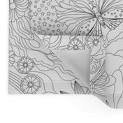 Maximalist black and white line art of retro florals and butterflies for wall paper- mid size .