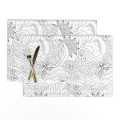 Maximalist black and white line art of retro florals and butterflies for wall paper- mid size .