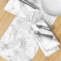 Maximalist black and white line art of retro florals and butterflies for wall paper- mid size .