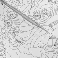 Maximalist black and white line art of retro florals and butterflies for wall paper- mid size .