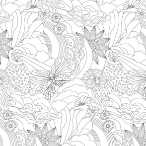 Maximalist black and white line art of retro florals and butterflies for wall paper- mid size .