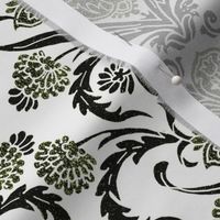 Batik Art Nouveau Floral in Titanite Green Monochrome on White