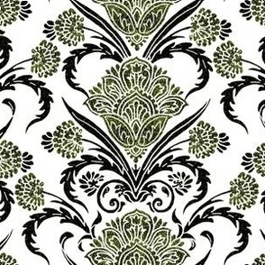 Batik Art Nouveau Floral in Titanite Green Monochrome on White