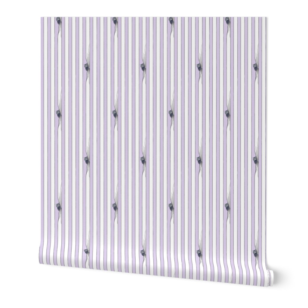 Soft purple stripes with funny cats playing with curtains - hand drawn and etched - larger repeat.