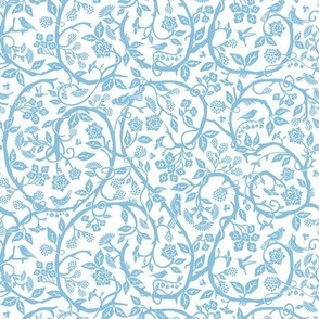 Light blue chinoiserie cut paper floral pattern on white for kids room wallpaper .