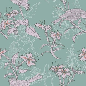 Cornflower and birds in pink and sage