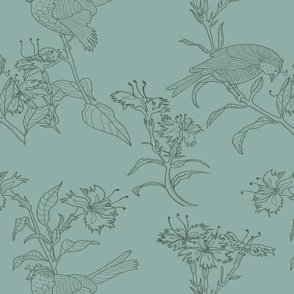 Cornflower and birds in sage and moss green lines 