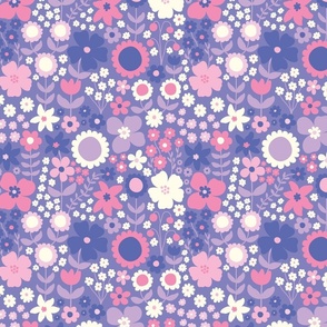 girls room, room-specific wallpaper,  retro florals, fun and colourful, groovy, pastels, flower market, lilac, purple, yellow , cream, orange, peach, pink