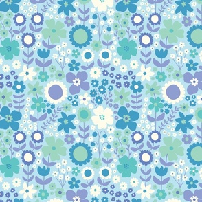 girls room, room-specific wallpaper,  retro florals, fun and colourful, groovy, pastels, flower market, lilac, purple, teal, green, cream, blue, light blue