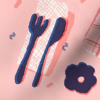 Riso-inspired Vintage Breakfast - Pink Background - Large Scale