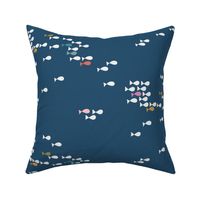 Schools of White Fish and Pops of Color Fish Swimming on a Dark Blue Background  Of Fish On Dark Blue - 24x24 inch repeat - Large