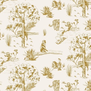 Toile de jouy jungle animals mustard yellow - large scale