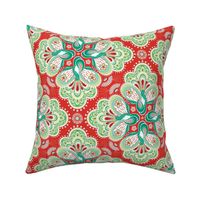 Colorful Swiss folk style floral medallions with decorative paisley peacocks on bright red - large scale.