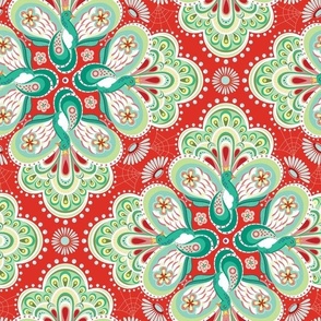 Colorful Swiss folk style floral medallions with decorative paisley peacocks on bright red - large scale.