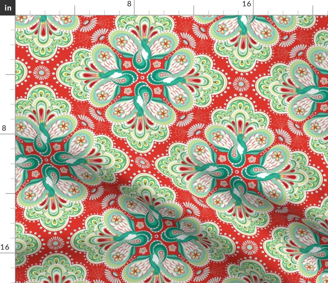 Colorful Swiss folk style floral medallions with decorative paisley peacocks on bright red - large scale.