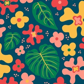 Tropical Floral with Leaves - Navy Blue