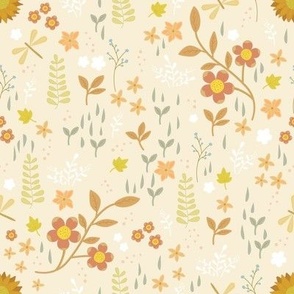 Boho Floral Style Wildflowers on Cream Background, Flowers, Ferns, and Nature Elements.