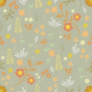 Boho Floral Style Wildflowers on Sage Background, Flowers, Ferns, and Nature Elements.