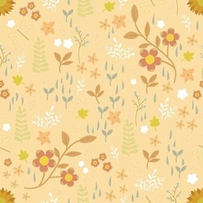 Boho Floral Style Wildflowers on Peach Background, Flowers, Ferns, and Nature Elements.