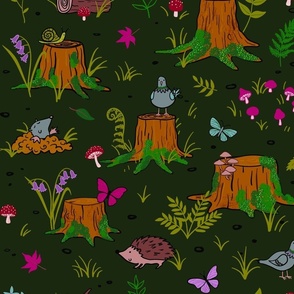 mossy woodland tree stumps dark bluebell, fern forest animals hedgehog, pigeons, mole and mushrooms