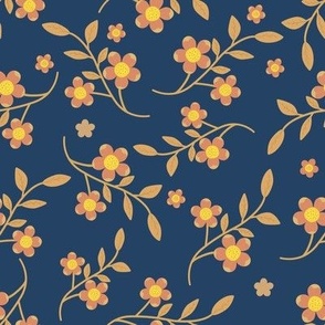 Boho Floral Style Toss Up In Dark Blue, Loose Orange and Yellow Flowers In Large Scale