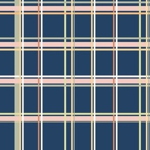 Pink. White, and Sage Green Plaid Stripes on Dark Blue Background, Large Scale