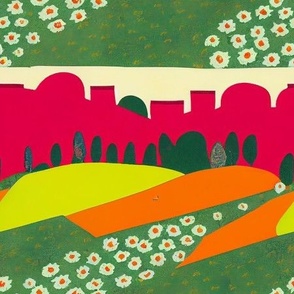 Summer Landscape Illustration and Collage and Hills and Flowers and Gardens and Fields 28