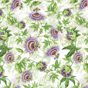 14" Exotic Watercolor Hand Painted Wildest Passionflowers Meadow-  white double layer-     for home decor Baby Girl and tropical nursery fabric perfect for kidsroom wallpaper,kids room