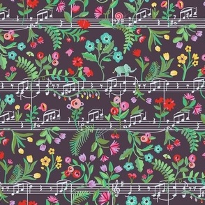 Hand drawn whimsical  garden with colorful floral , baby elephants and duet musical notes for nursery - mid size.