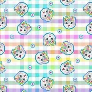 Cheerful checks - multicolored , flower pops and cats - small print.