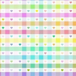 Rainbow checks and rainbow hearts - LGBTQ , love , pride  - small print .