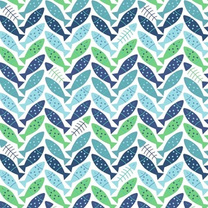 Fun Nautical Herring Fish and Bones in Herringbone Pattern in Blue and Green Gender Neutral Medium Scale