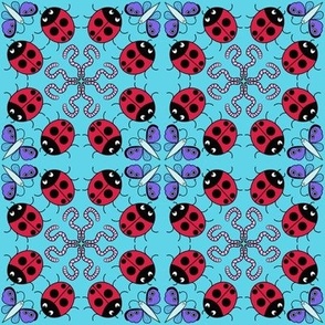Red ladybugs and bugs on turquoise 