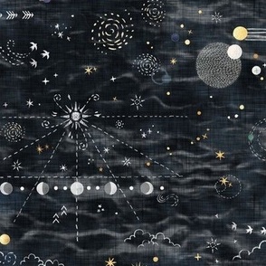 Stargazer on Black | Hand drawn galaxies, planets, moon and stars on charcoal, celestial navigation, astronavigation, space explorer, stargazing, astronomy fabric in black and gold.