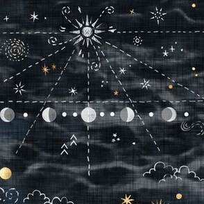 Stargazer on Black (large scale) | Hand drawn galaxies, planets, moon and stars on charcoal, celestial navigation, astronavigation, space explorer, stargazing, astronomy fabric in black and gold.