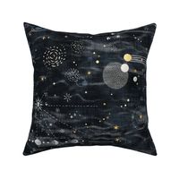 Stargazer on Black (xl scale) | Hand drawn galaxies, planets, moon and stars on charcoal, celestial navigation, astronavigation, space explorer, stargazing, astronomy fabric in black and gold.
