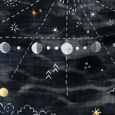 Stargazer on Black (xl scale) | Hand drawn galaxies, planets, moon and stars on charcoal, celestial navigation, astronavigation, space explorer, stargazing, astronomy fabric in black and gold.