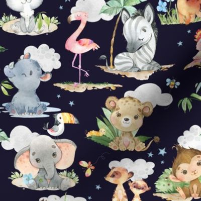 12” Wild Safari Animals (midnight, Quilt B) Cute Baby Jungle Nursery, 12” repeat