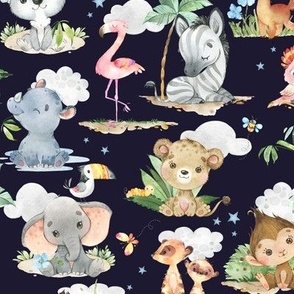 12” Wild Safari Animals (midnight, Quilt B) Cute Baby Jungle Nursery, 12” repeat