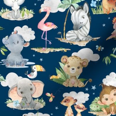 12” Wild Safari Animals (prussian blue, Quilt F) Cute Baby Jungle Nursery, 12” repeat