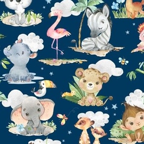 12” Wild Safari Animals (prussian blue, Quilt F) Cute Baby Jungle Nursery, 12” repeat