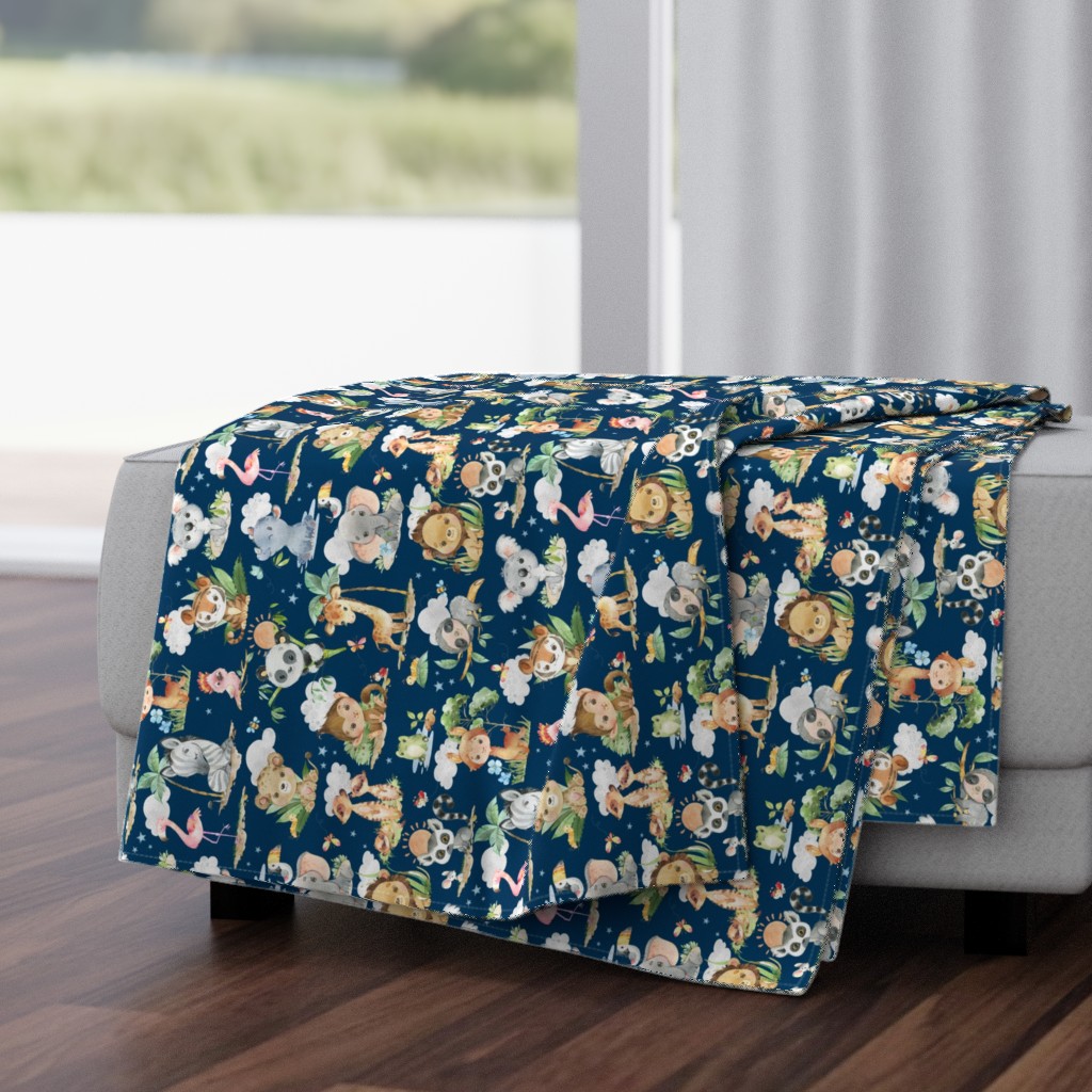 12” Wild Safari Animals (prussian blue, Quilt F) Cute Baby Jungle Nursery, 12” repeat ROTATED