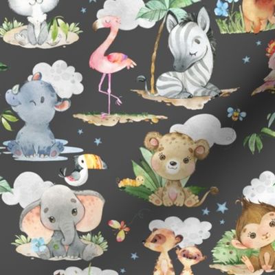 12” Wild Safari Animals (shadow, Quilts A, C, E) Cute Baby Jungle Nursery, 12” repeat