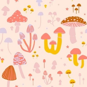 Cute mushrooms, pastel mushrooms, pale pink, lavender and yellow - neon mushrooms, bright fungi
