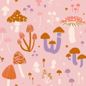 Forest core cute fungi mushrooms - boho pink tan purple
